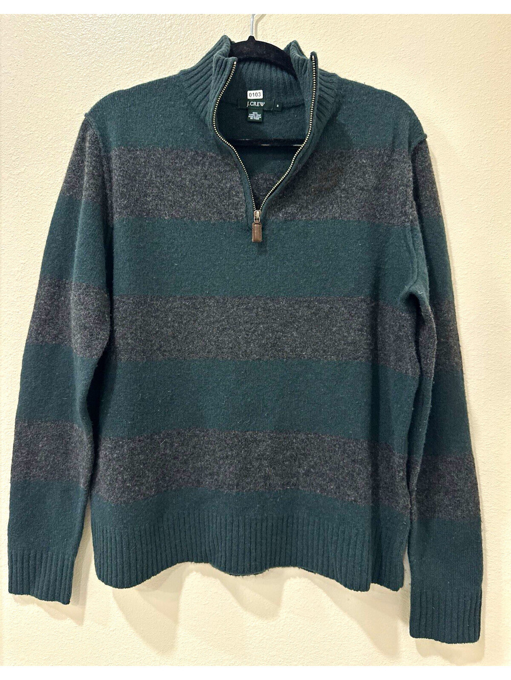 J.CREW Men’s 100% LambsWool Knit 1/4 Zip Mock Neck Striped Sweater Green/Gray M